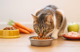 Полосатая кошка ест сухой корм из металлической миски