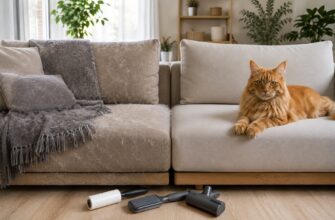 Кошка на диване и инструменты для уборки шерсти