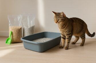 Тигровая кошка стоит рядом с наполненным лотком