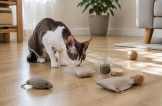 Кот исследует игрушки с кошачьей мятой