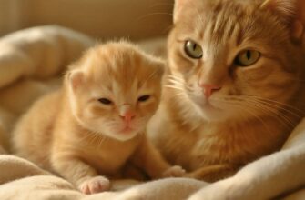 Рыжая кошка лежит с новорождённым котёнком на мягком пледе.