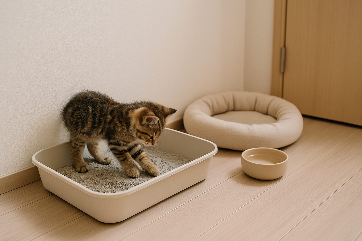 Котенок копает в лотке