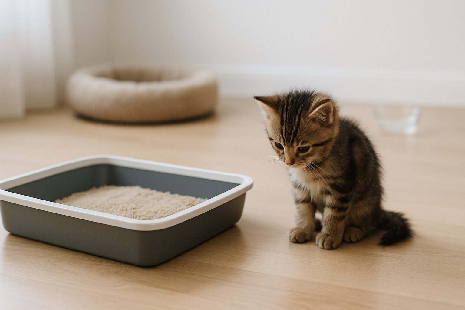Котенок сидит возле лотка