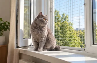 Кот у открытого окна с сеткой антикошка