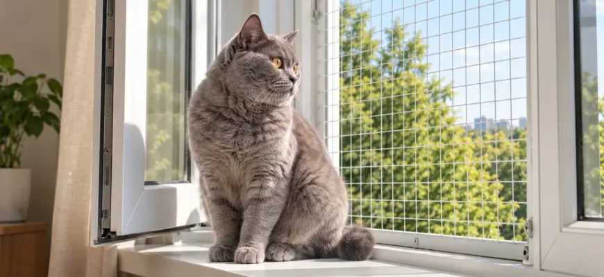 Кот у открытого окна с сеткой антикошка