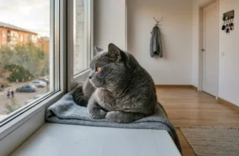 Кот спокойно ждёт хозяина у окна