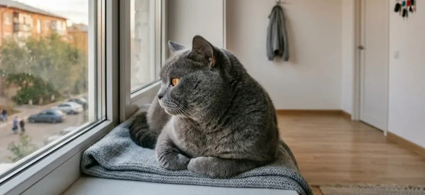 Кот спокойно ждёт хозяина у окна