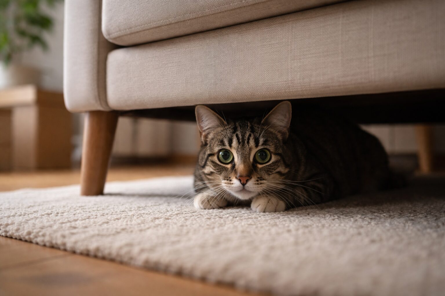 Кошка прячется под диваном