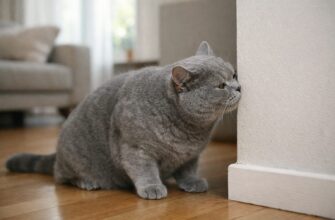 Кошка внимательно нюхает угол стены в квартире