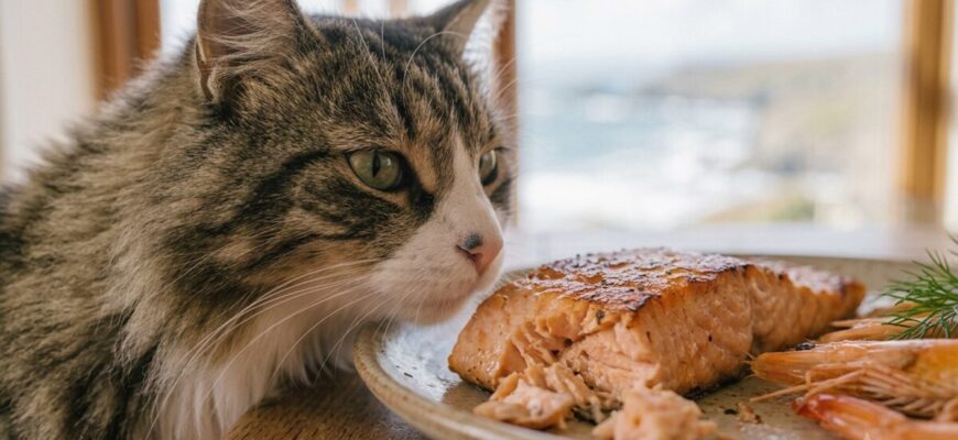 Кот нюхает рыбу