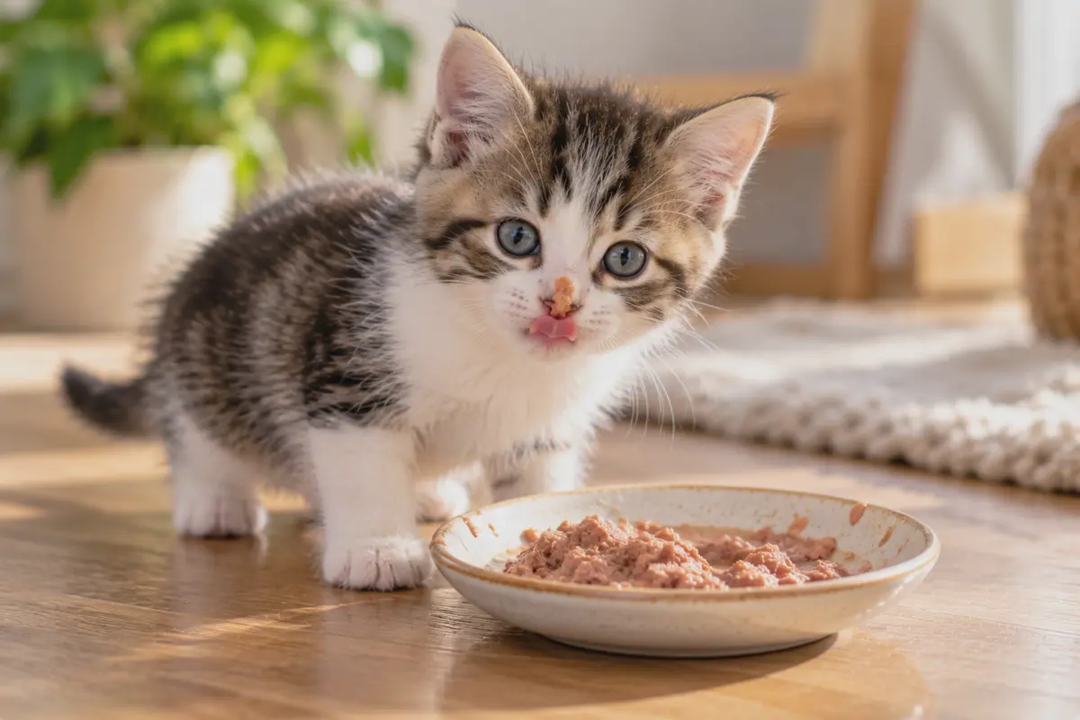 Котёнок впервые пробует мягкий корм
