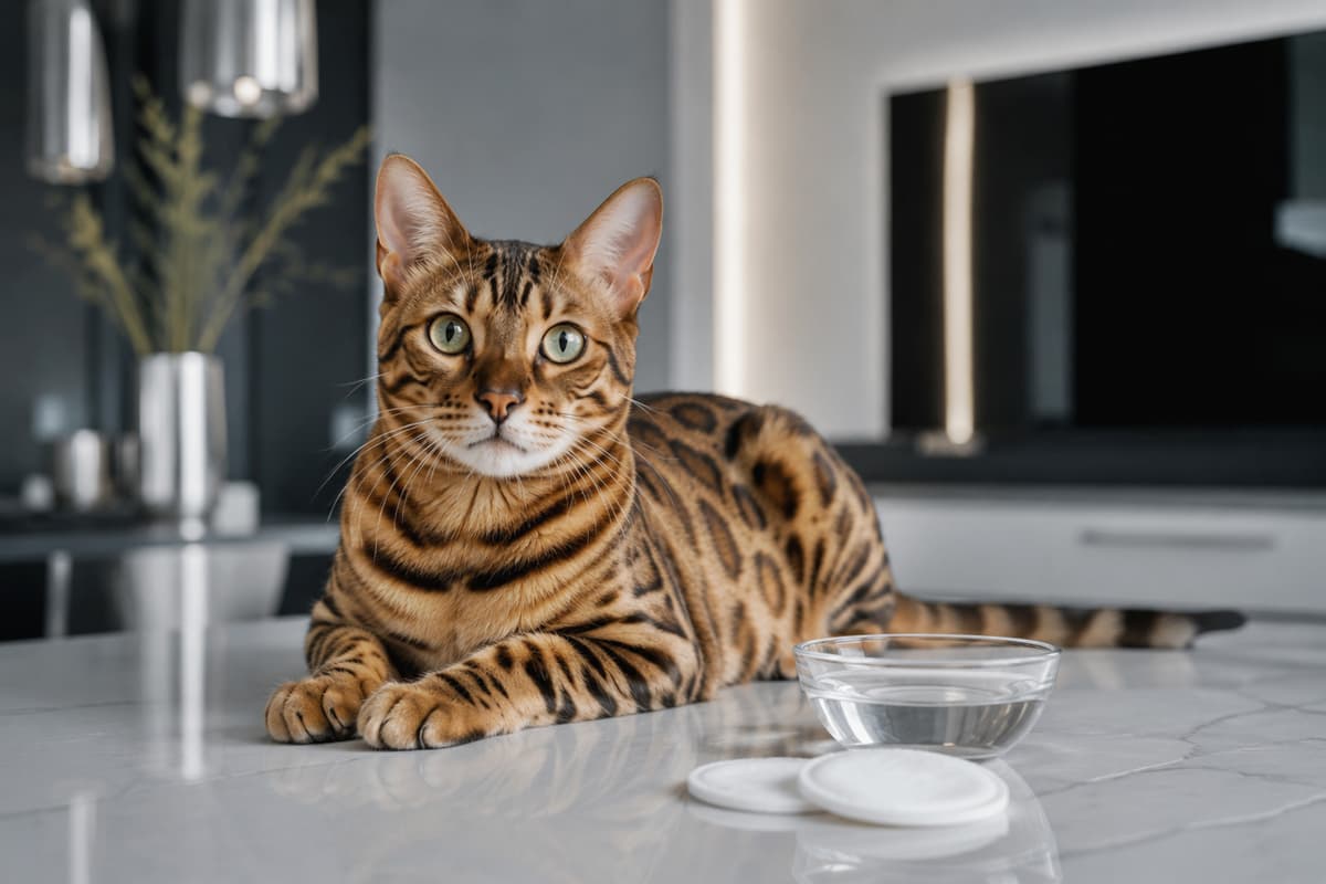 Бенгальская кошка на мраморном столе