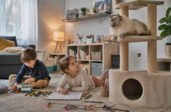 Дети играют рядом с кошкой на когтеточке