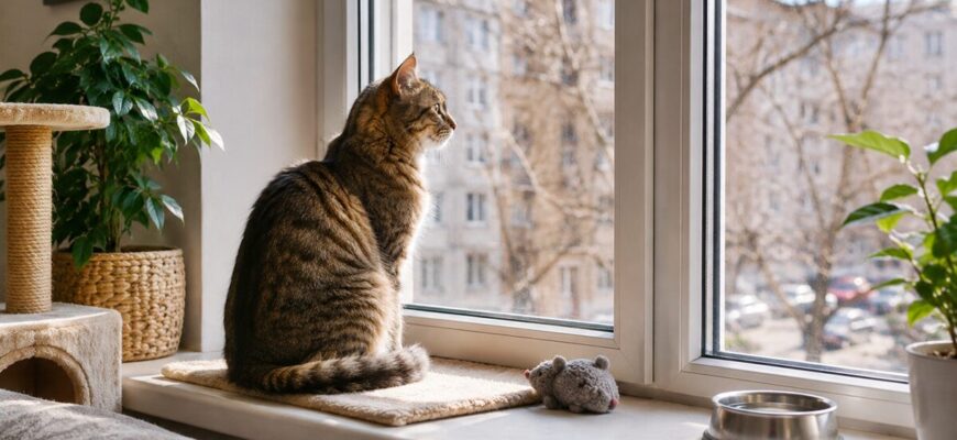 Кошка на подоконнике у окна