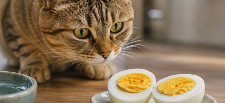 Кошка рядом с варёными яйцами