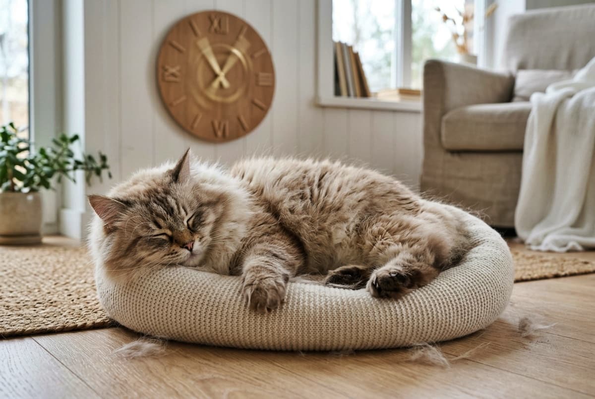 Сибирская кошка лежит в лежанке
