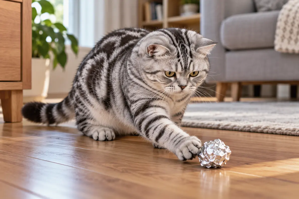 Британский кот играет с шуршащим мячиком