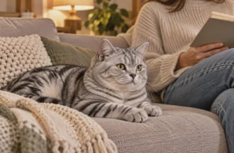 Британский кот лежит рядом с хозяйкой на диване