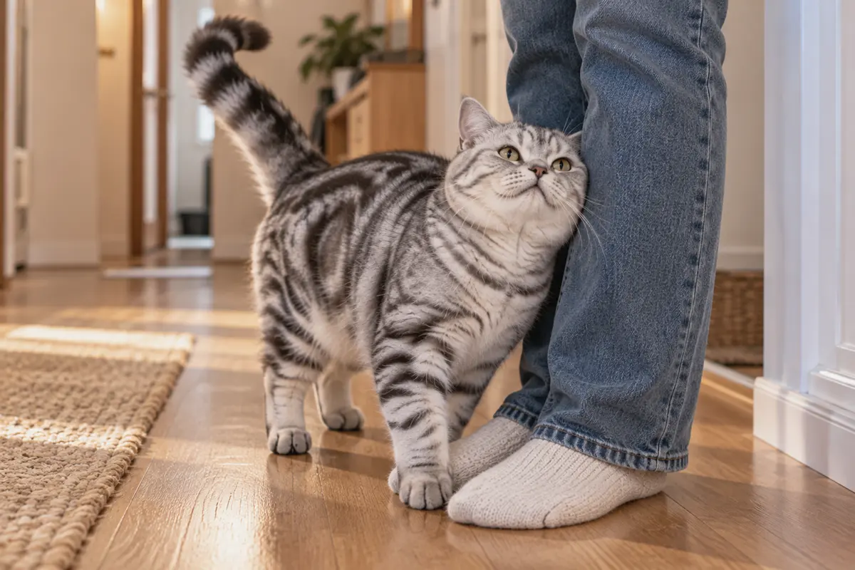 Британский кот трётся о ноги хозяйки