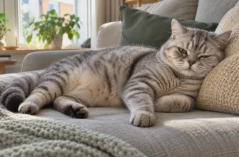 Кошка с лишним весом лежит на диване