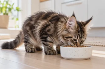 Котёнок мейн-куна ест сухой корм из миски