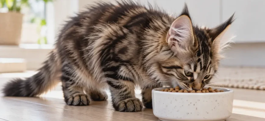 Котёнок мейн-куна ест сухой корм из миски
