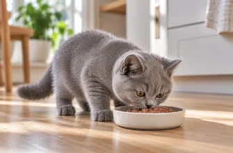 Британский котёнок ест корм из миски