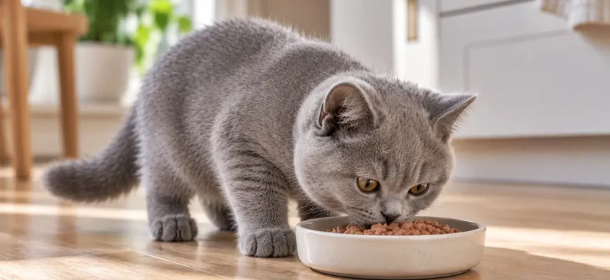 Британский котёнок ест корм из миски