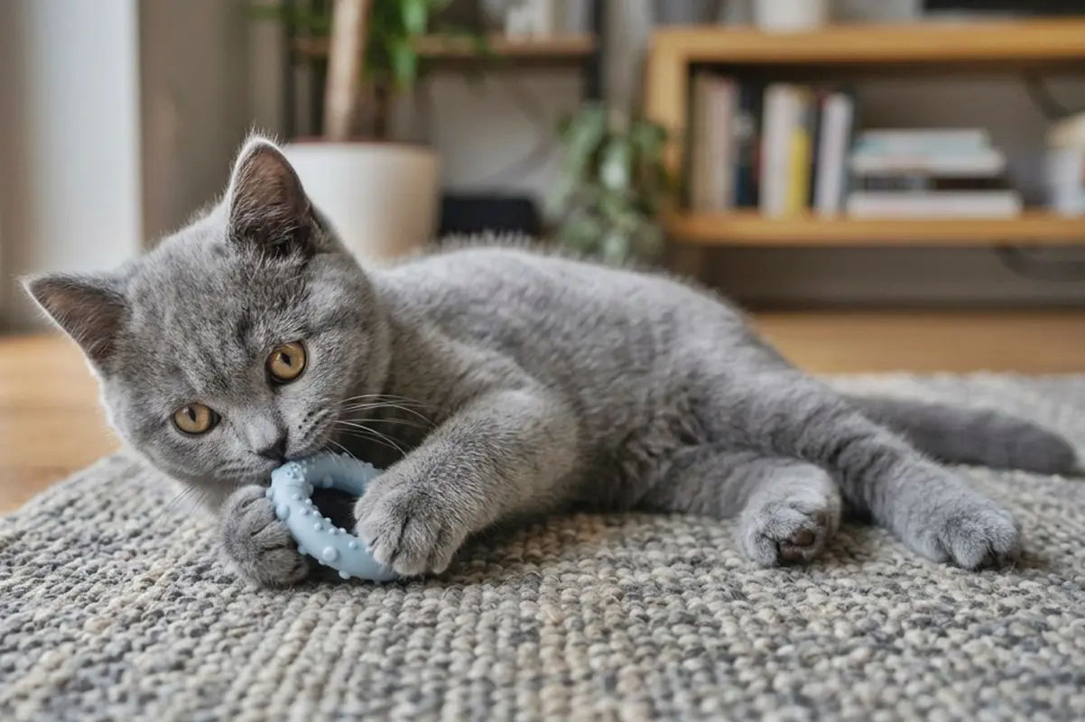 Британский котёнок в 4 месяца грызёт игрушку